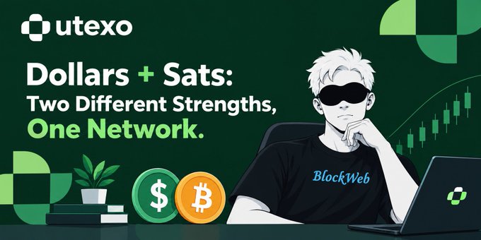 A promotional graphic for Utexo titled 'Dollars + Sats: Two Different Strengths, One Network,' featuring an illustrated character with sunglasses using a laptop alongside dollar and bitcoin coins.