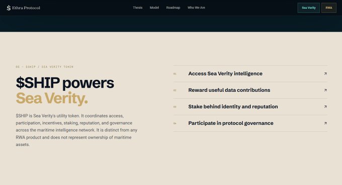 Website screenshot for '$SHIP Protocol' showing '$SHIP powers Sea Verity' as the main headline, with navigation menu including Thesis, Model, Roadmap, and a 'Sea Verity' button.