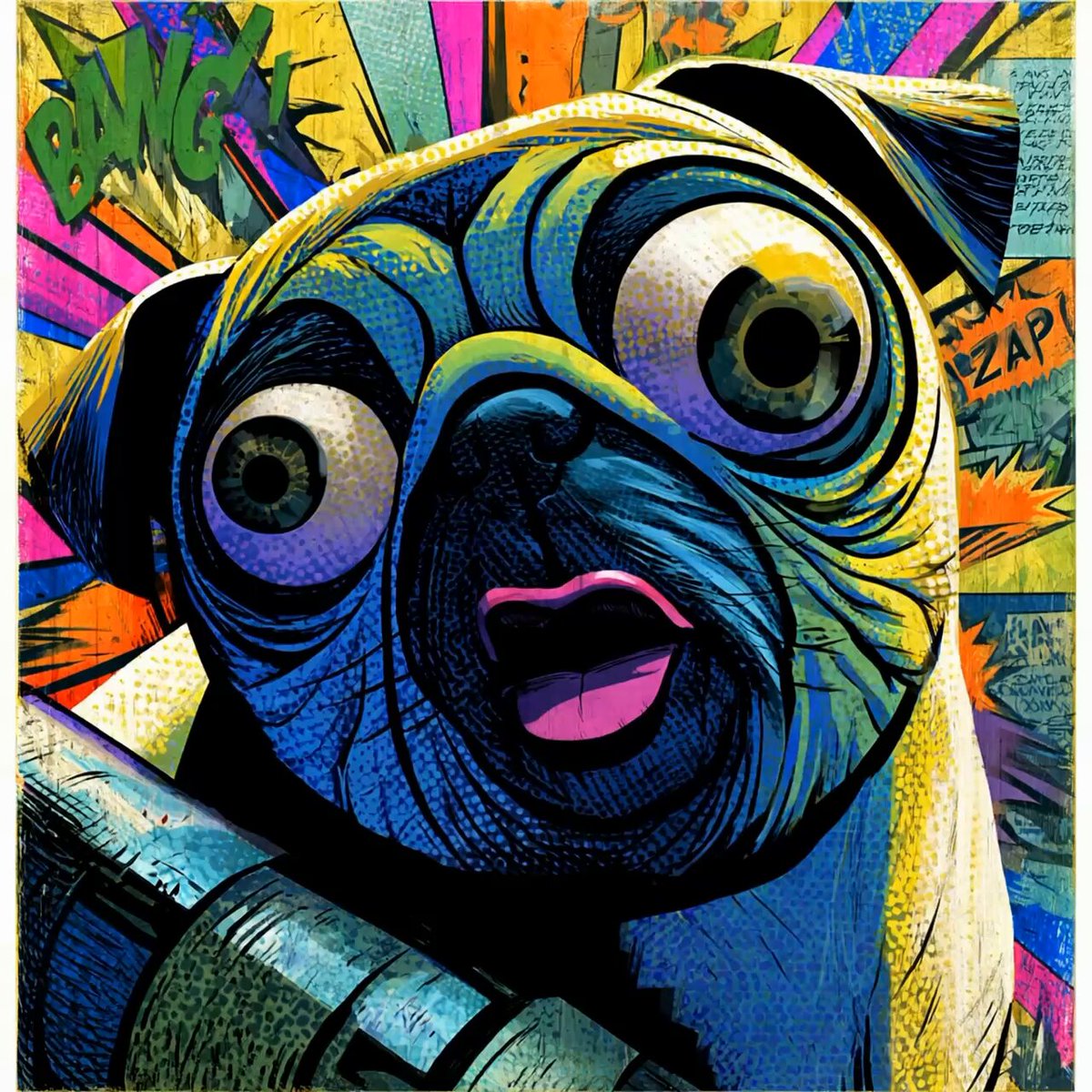 The image features a cartoon dog with big eyes, a pink tongue sticking out its mouth, and a surprised expression. The background of the image is filled with various colors and patterns, giving it a vibrant and lively appearance. The caption below the image reads "Good afternoon funky peeps Massive thanks to @2d_blick @artterina_NFT and @puchi_frog for minting 3 more editions of Beauty and the Beast OE Last 22 hours to grab it for 1 tezito only".