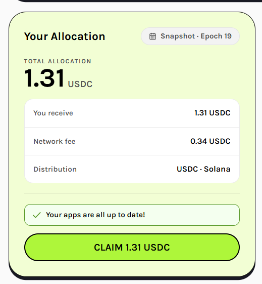 A USDC allocation screen showing 1.31 USDC total allocation from Snapshot Epoch 19 with a network fee of 0.34 USDC on Solana.