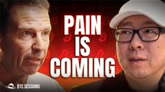 The image features two men wearing glasses with one of them wearing a white hat. They appear to be talking about Bitcoin or discussing its implications. The text "Pain is coming" is written above their heads, which could be interpreted as a metaphor for the potential challenges and risks associated with adopting Bitcoin as a currency or standard. This message suggests that there might be obstacles ahead in transitioning to a Bitcoin-based economy, but it also implies that these challenges can be overcome with determination and cooperation.