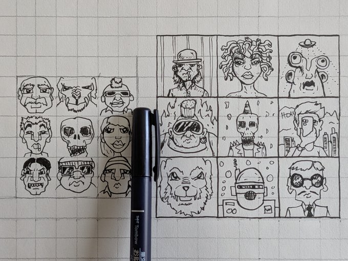 A grid of hand-drawn character portraits on graph paper, featuring various faces including a clown, zombie, lion, and people in hats, drawn with a black Tombow fineliner.