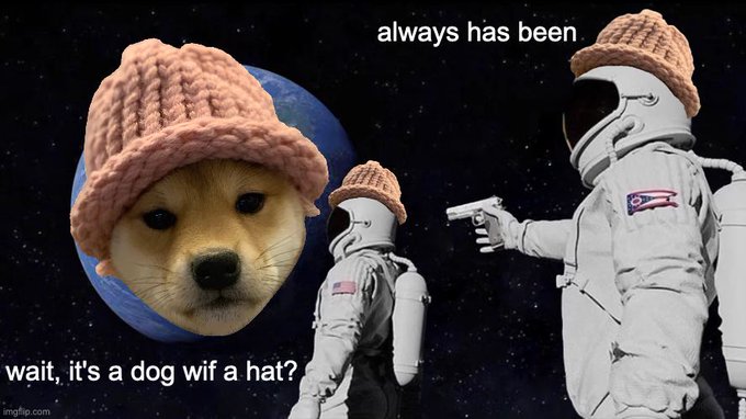 This is the "Always Has Been" astronaut meme featuring two astronauts in space, one pointing a gun at the other, with the famous "dogwifhat" (WIF) Shiba Inu dog wearing a pink knit hat photoshopped as a planet. The text reads "wait, it's a dog wif a hat?" and "always has been," referencing the popular dogwifhat cryptocurrency meme.