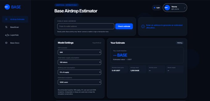 The image shows an overview of a Base air drop estimate page with blue background text. The screenshot includes information about the user's estimated allocation (e.g., 1,099 at $4B), estimated value (estimated at $439 at a $4B FDV), and total activity score. It is designed for those interested in participating in a Base airdrop. A post on this website states that participants are not required to actively use Base; they can simply check off "base" as an item completed without spending money, thereby accumulating their estimated allocation and value over time. The primary goal of the Base system is to optimize the allocation process by prioritizing items based on the user's activity score, ensuring that they receive a fair share of allocations while maximizing overall reward.