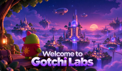 A vibrant purple and pink fantasy landscape with floating islands and castles, featuring a small cartoon character and the text 'Welcome to Gotchi Labs'.