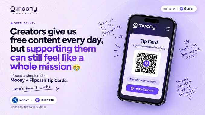 An advertisement for the 'Moony Foundation' introducing 'Moony x Flipcash Tip Cards,' a tool for creators to receive tips via a QR code on their phone.