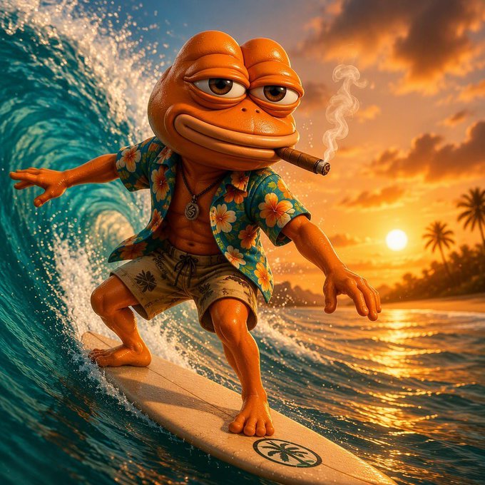 A cartoonish orange amphibian-like character wearing a floral Hawaiian shirt and smoking a cigar while surfing on a large wave at sunset.