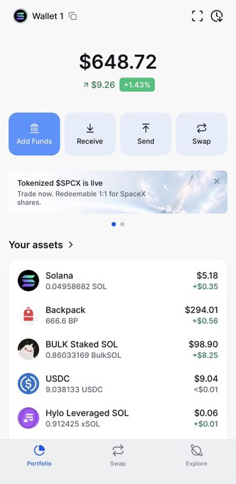 Cryptocurrency wallet app shows a portfolio balance of $648.72 (+1.43%), with assets including Solana ($5.18), Backpack ($294.01), BULK Staked SOL ($98.90), USDC ($9.04), and Hylo Leveraged SOL ($0.06).