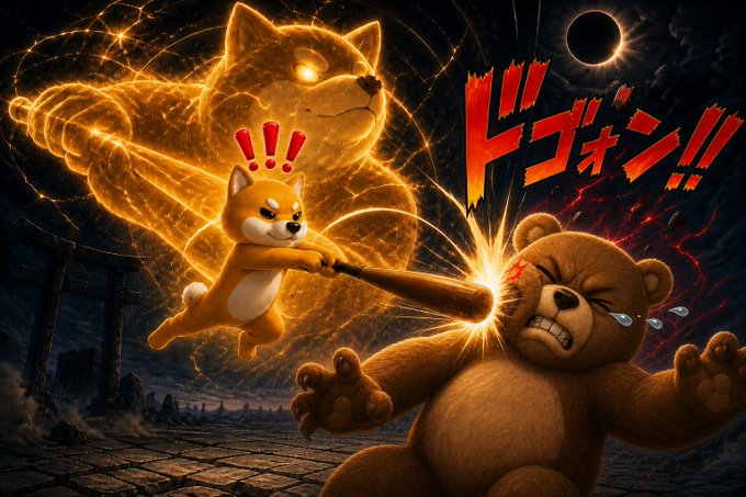 An anime-style battle scene shows a Shiba Inu dog wielding a bat to strike a crying brown bear, with a glowing cat spirit behind it and Japanese text reading "ドゴォン!!" against a dark sky with an eclipse.