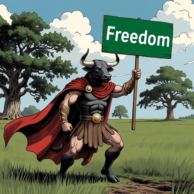 An illustration of a muscular minotaur wearing a red cape and Roman-style armor holding a green sign that reads 'Freedom' in a grassy field.
