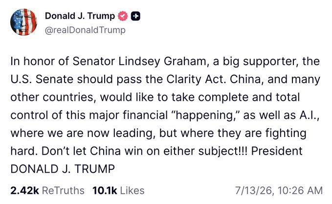 A Truth Social post from Donald J. Trump (@realDonaldTrump) dated 7/13/26 urges the U.S. Senate to pass the Clarity Act in honor of Senator Lindsey Graham, warning that China and other countries seek control of the financial and AI sectors where the U.S. is currently leading. The post has received 2.42k ReTruths and 10.1k Likes.