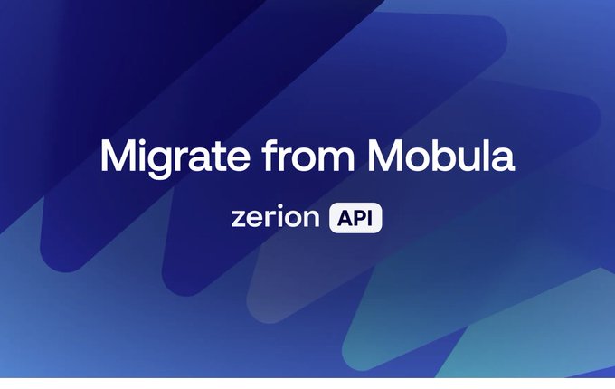 A blue gradient promotional graphic with the text 'Migrate from Mobula' and 'zerion API' branding.