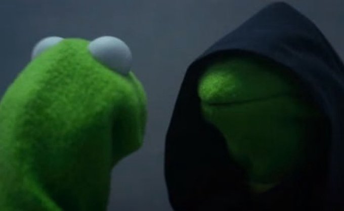A cinematic parody image shows Kermit the Frog looking at his hooded, sinister counterpart "Evil Kermit" against a dark, cloudy background.