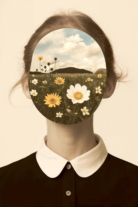 A surreal portrait of a girl wearing a black top with a white collar, where her face is replaced by an oval window showing a field of daisies under a cloudy sky.