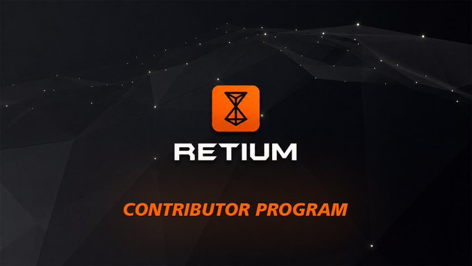 The image displays the Retium logo with an orange hourglass icon above the word "RETIUM" in white text, with "CONTRIBUTOR PROGRAM" written below in orange, all set against a dark geometric network background. This visually represents the Retium Contributor Program for content creators, complementing the post's announcement about the program's role in the Retium Chain Discord community.
