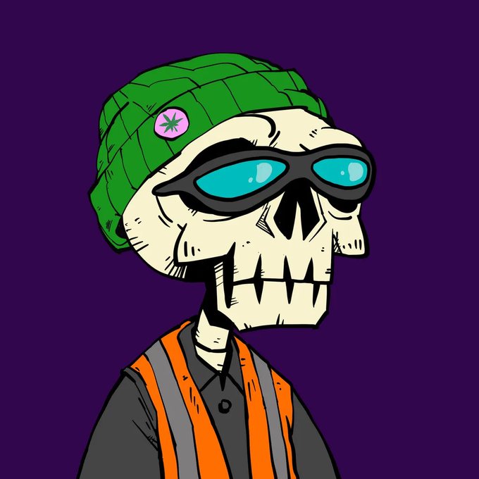 A cartoon skull character wearing a green beanie with a star pin, blue sunglasses, and an orange high-visibility vest over a black shirt against a purple background. The stylized skeleton artwork corresponds to the "Holy Buns" NFT that was sold for 15 XRP to collector @Kenneth36936936, as referenced in the post.