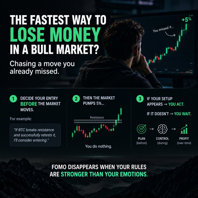 An infographic titled 'THE FASTEST WAY TO LOSE MONEY IN A BULL MARKET?' warns against chasing missed moves, advising to plan before the market moves and notes 'FOMO DISAPPEARS WHEN YOUR RULES ARE STRONGER THAN YOUR EMOTIONS.'