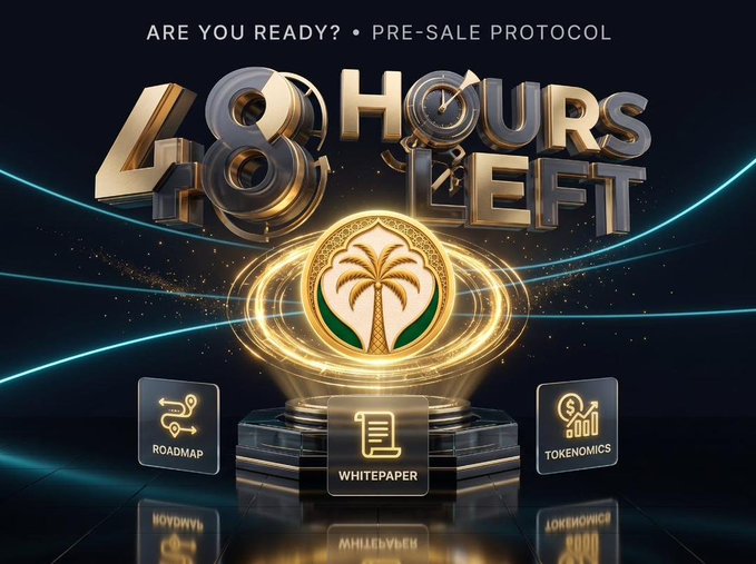 The image is a promotional graphic for the TANSIQ token pre-sale, featuring bold 3D text reading "48 HOURS LEFT" with the headline "ARE YOU READY? • PRE-SALE PROTOCOL" above it. A glowing golden emblem with a palm tree sits on a pedestal in the center, flanked by icons linking to the Roadmap, Whitepaper, and Tokenomics, reinforcing the urgency of the 48-hour countdown mentioned in the post.