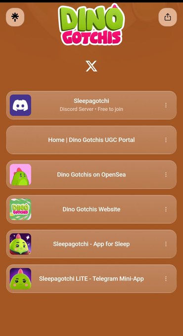A mobile app screen for 'DINO GOTCHIS' displays links including Sleepagotchi Discord Server, Dino Gotchis UGC Portal, OpenSea, Website, and Telegram Mini-App.