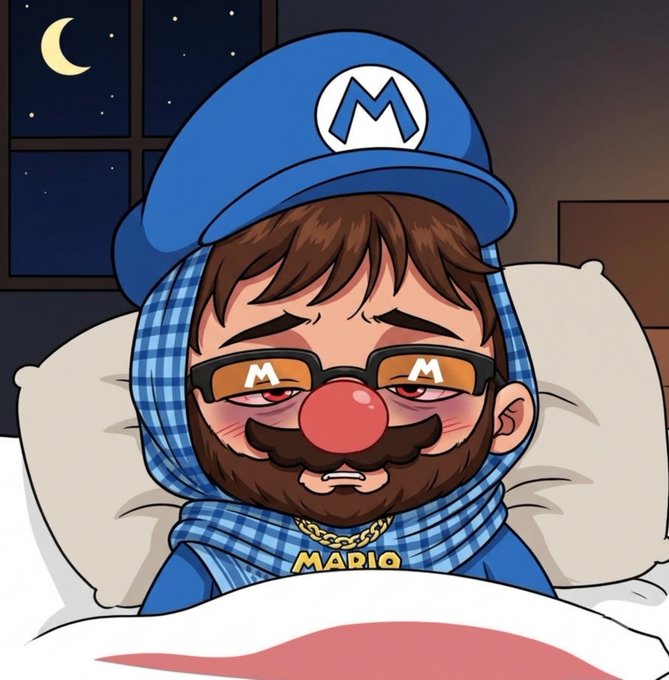 An illustration depicts a bearded man in bed wearing a blue Mario-style cap with an 'M', a red clown nose, and sunglasses with 'M' on the lenses, plus a gold chain spelling 'MADIO'.