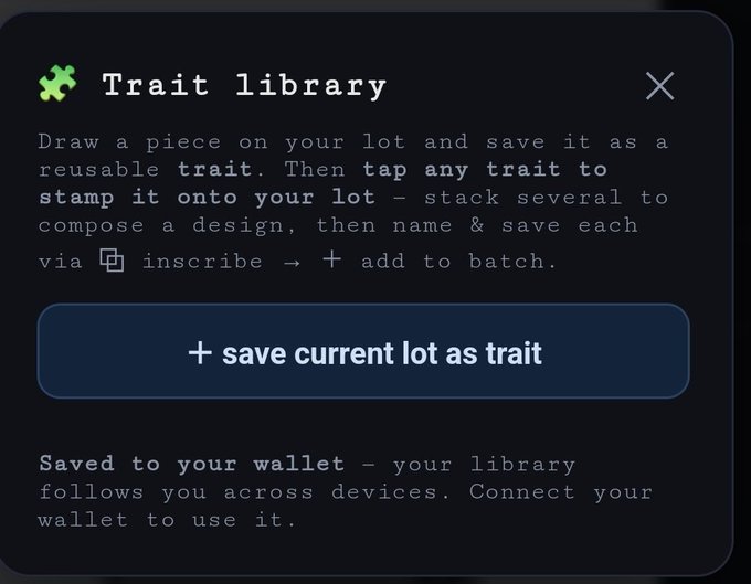 A 'Trait library' interface screen explains how to draw a piece and save it as a reusable trait, with a prominent '+ save current lot as trait' button and notes about wallet syncing across devices.