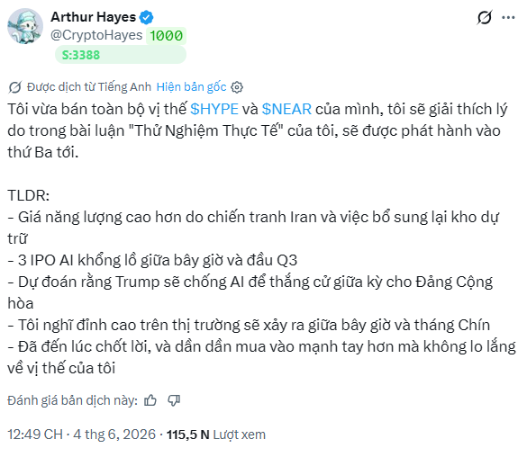 The image shows a screenshot of an online chat or message conversation between two individuals. The main topic of discussion seems to be related to cryptocurrency and market trends, as suggested by Arthur Hayes' announcement about selling $HYPE (an amount equal to $18 million). There is also a quote that refers to Arthur Hayes' statement about the bull cycle and the potential sale of his cryptocurrency. Furthermore, it appears that Arthur Hayes recently posted on an online page expressing his decision to sell off some of his cryptocurrency. The overall atmosphere seems to be centered around financial news and discussions surrounding the crypto market.