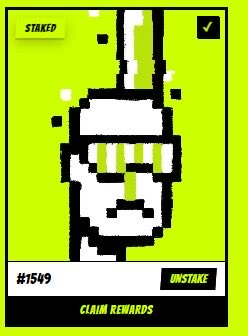 A pixel-art NFT-style character card with green glasses and beard on a bright green background, labeled "#1549," "STAKEP," and "UNSTAKE" with a "CLAIM REWARDS" button.