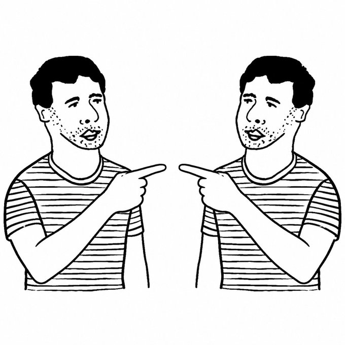 A black-and-white line drawing shows two mirrored men in striped shirts pointing fingers at each other in a classic "pointing at the other guy" meme format, symbolizing mutual accusation or a back-and-forth standoff.

The image fits the request to launch $MUTUALS on Robinhood Chain by visually representing the word "mutual"—both figures simultaneously pointing at one another, emphasizing reciprocity and mutual action.