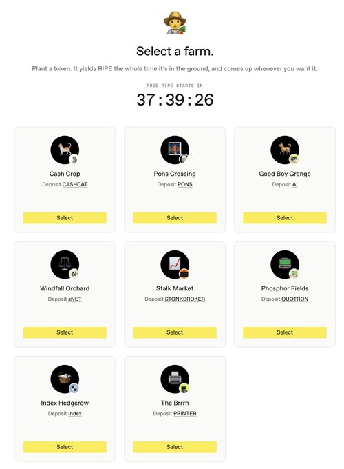 A farming interface titled "Select a farm" displays a countdown of 37:39:26 until free RIPE starts, alongside eight selectable farm options including Cash Crop (CA$HCHAT), Pons Crossing (PONS), Good Boy Grange (AI), Windfall Orchard ($NET), Stalk Market ($TONK$BROKER), Phosphor Fields ($UOTRON), Index Hedgerow (Index), and The Brrrn (PRINTER). The image ties to the post by showcasing RIPE DAO's token farming platform, where users deposit various tokens to yield RIPE, reflecting the project's multi-chain, multi-asset yield ecosystem.