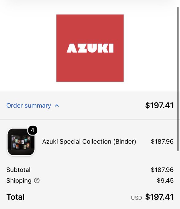 An order summary from AZUKI shows a purchase of 4 'Azuki Special Collection (Binder)' items for $187.96, plus $9.45 shipping, totaling $197.41 USD.
