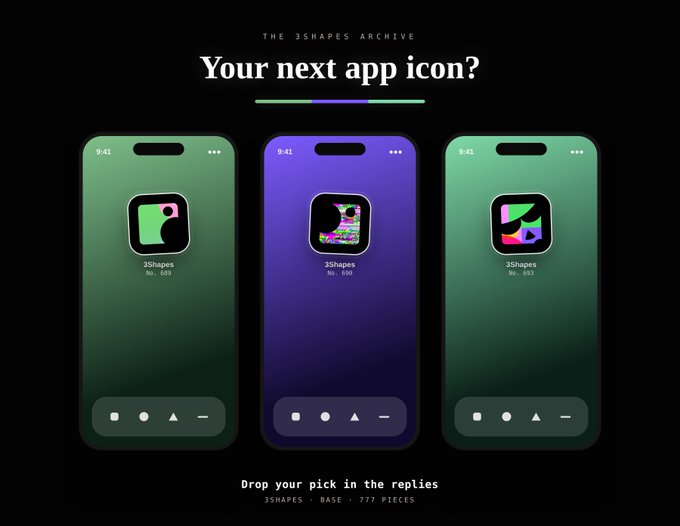 A promotional graphic titled 'THE 3SHAPES ARCHIVE - Your next app icon?' displaying three smartphone mockups with different app icon designs, encouraging viewers to 'Drop your pick in the replies'.