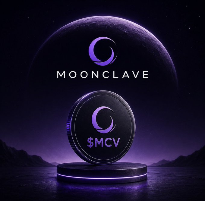 A promotional graphic for "MOONCLAVE" featuring a dark coin labeled "$MCV" with a stylized purple "G" logo, displayed on a glowing pedestal against a backdrop of a large moon and purple sky.