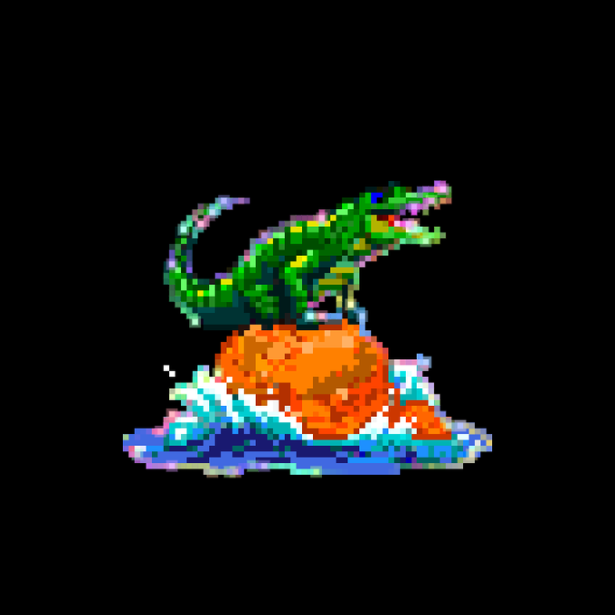 Pixel art artwork depicting a green crocodile or alligator perched atop an orange pumpkin-like rock emerging from splashing blue and white waves.