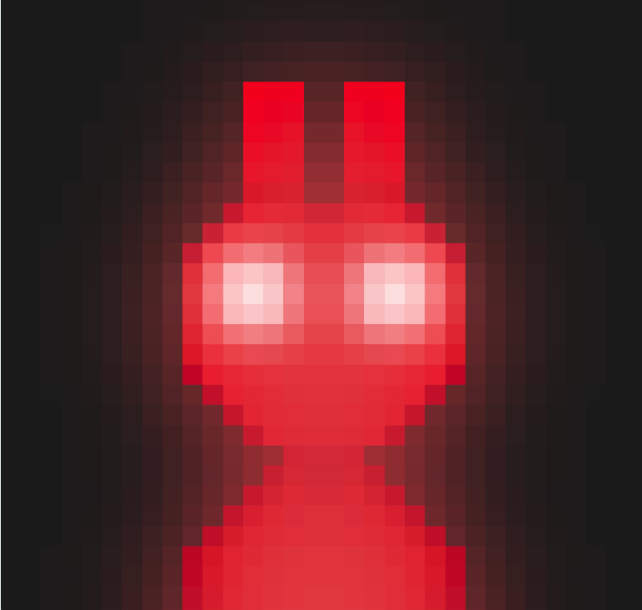 A pixel art rendering of a glowing red character with two tall antennae and bright eyes, set against a dark background.