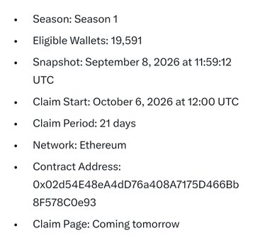 A bulleted list detailing a crypto airdrop including Season 1, 19,591 Eligible Wallets, Snapshot date of September 8, 2026, Claim Start of October 6, 2026, 21-day Claim Period, Ethereum network, and a contract address.