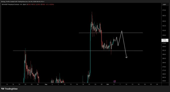A 4-hour TradingView candlestick chart of BCH/USDT Perpetual Contract on OKX shows the price at 326.9 (BCHUSDT.P) with a 1.195% gain (+3.85), featuring a white arrow sketch projecting a small relief bounce upward followed by continued downside, illustrating the poster's "5 wave down" thesis calling for limited upside before further declines.