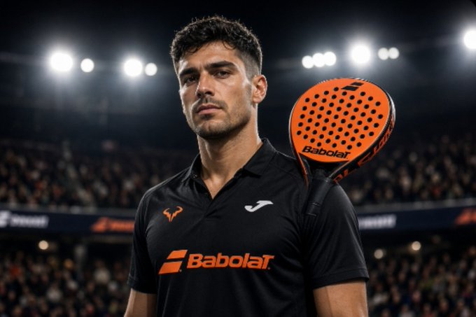 A male padel player wearing a black Babolat jersey poses with an orange Babolat racket in front of a stadium crowd.