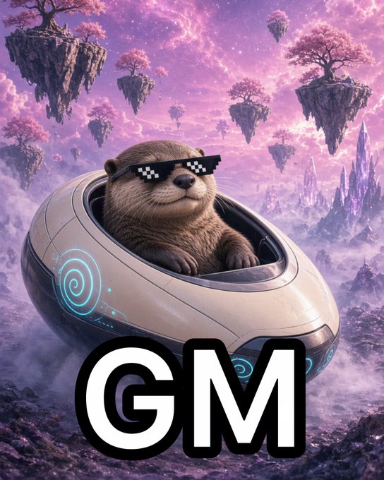 An illustration of an otter wearing pixelated "deal with it" sunglasses sitting in a futuristic pod, with floating islands and pink trees in the background, and large "GM" text overlaid at the bottom.