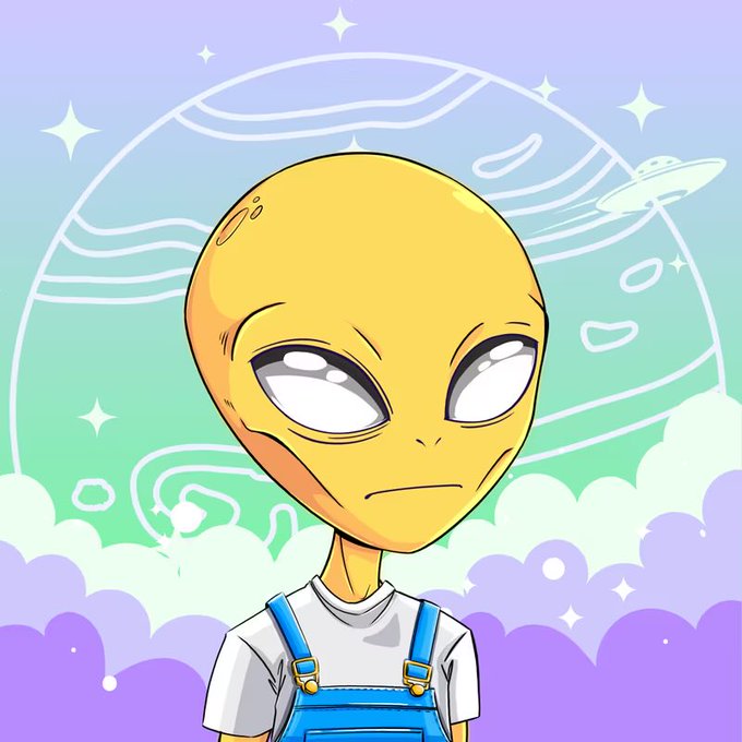 Cute cartoon illustration of a yellow alien with large black eyes wearing blue overalls and a white shirt, standing in front of a pastel planet and clouds with sparkles.