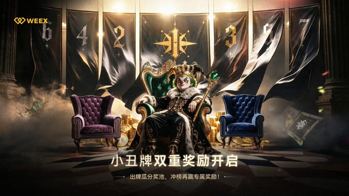 A regal cat-like figure wearing a crown and holding a scepter sits on a throne flanked by two armchairs, with banners displaying "642337" behind them, promoting "WEEX" with the Chinese text "小丑牌双重奖励开启" (Joker Card Double Rewards Open) and "出牌瓜分奖池，冲榜再赢专属奖励！" (Play cards to share the prize pool, climb the rankings for exclusive rewards!). The image visually reinforces the accompanying post's theme of WEEX's "Joker Returns" Season 4 promotional campaign, using the royal "Joker" imagery to frame the trading competition as a strategic card game where users collect tickets for a chance at the prize pool.