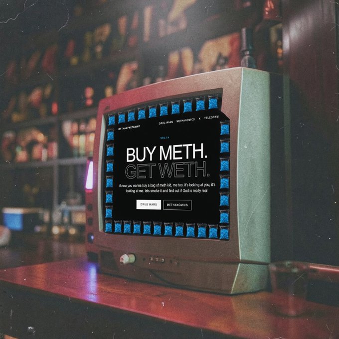 A retro television set displaying a website with the text 'BUY METH. GET WETH.' along with references to 'DRUG WARS', 'METHANOMICS', and 'TELEGRAM', with smaller text mentioning smoking and God.