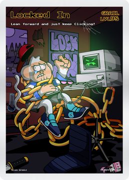 The image shows a cartoon of a boy chained to a CRT monitor labeled "LOCK" alongside a scrawny goose, titled "Locked In — Lean forward and just keep Clicking!" with "ChimpersHQ Lvl 12" branding. It fits the post as a Day 180 update on the user's 2026 mission to buy a Chimpers card daily, humorously illustrating the dedication and grind of Web3 collecting, specifically the "Web3 Anarchy" card from the Chimpers collection.
