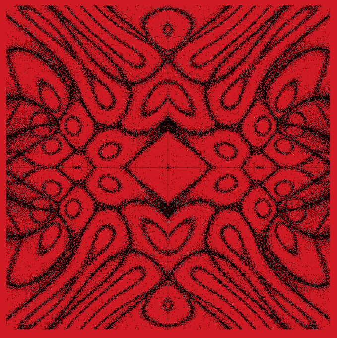 A symmetrical red and black abstract design featuring a central diamond shape, teardrop motifs, and radiating line patterns that create a kaleidoscopic effect.