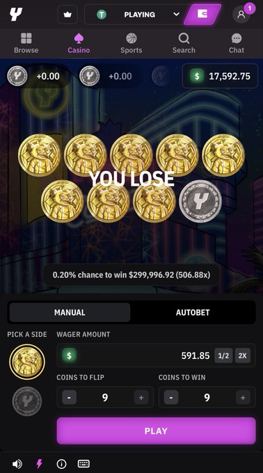 A screenshot from the gambling platform @yeet shows a coin-flip game that ended in defeat, with ten golden lion coins and one silver "Y" coin displayed alongside a large "YOU LOSE" message. The bet amount was $591.85 on 9 coins to flip, which would have won a potential payout of $299,996.92—a 506.88x multiplier had the silver "Y" coin landed differently, just one flip away from the $300,000 max win. The user's account balance shows $17,592.75 at the top.