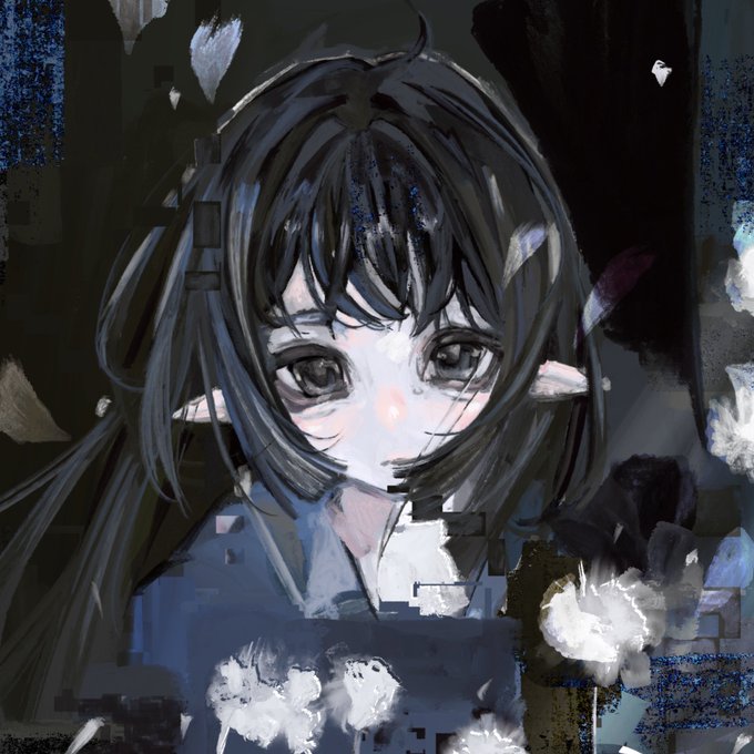 A digital anime-style portrait of a dark-haired girl with large expressive eyes, painted with loose, textured brushstrokes and dark, abstract background elements.
