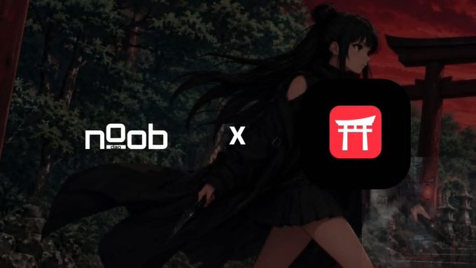 A promotional graphic featuring an anime-style female character in black with a sword, with logos for 'n0ob' and 'noon3' displayed over the image.