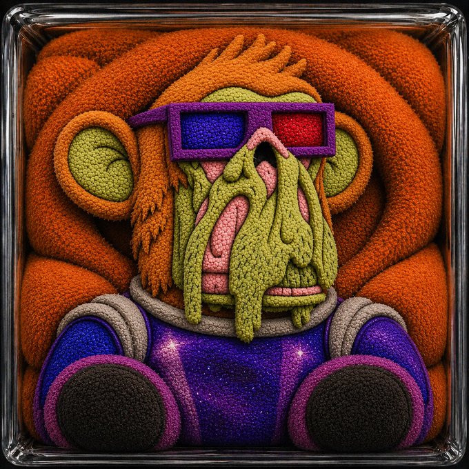 A vibrant, highly textured digital artwork resembling 3D bead embroidery, depicting an orange monkey-like character with green facial hair wearing purple 3D glasses and a galaxy-patterned purple shirt.