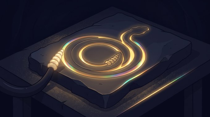 An illustrated artwork showing a glowing golden coiled snake or rope-like object with iridescent rainbow reflections on a dark stone surface.