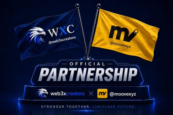 An 'Official Partnership' announcement graphic displaying flags for 'web3xcreators' (@web3xcreators) and '@moovexyz', with the tagline 'Stronger together. Limitless future.'