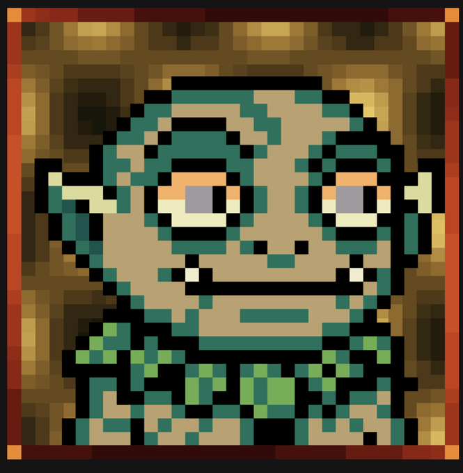A pixel art portrait of a green-skinned goblin-like character with large gray eyes, displayed within a decorative frame. The post celebrates the artwork being minted as an NFT by @pixeltripnft.